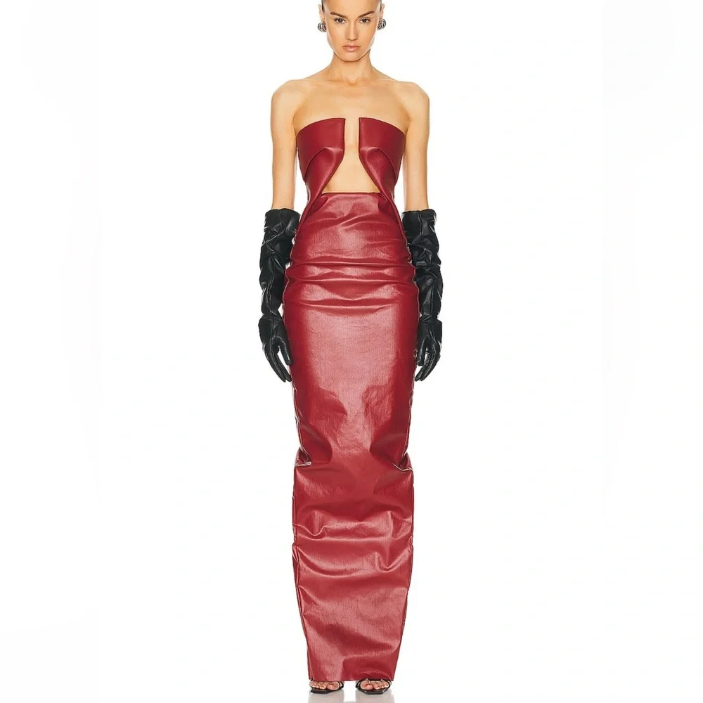 Rick Owen’s Red Leather Look Prong Dress Waxed Denim size 6 IT 42 - Picture 1 of 9